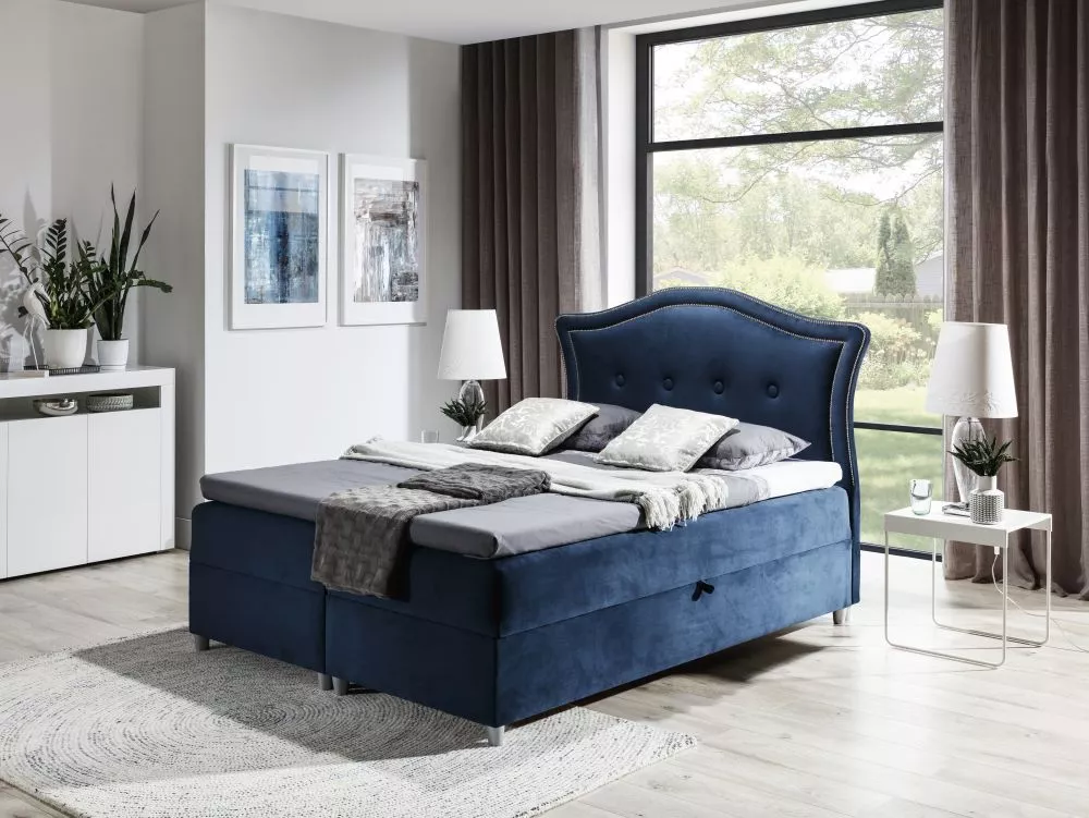 Gulta Bedran Boxspring Standard Guļamvietas platums: 200 cm, Guļamvietas garums: 200 cm, · Tumši zils · 210 × 214 × 130 