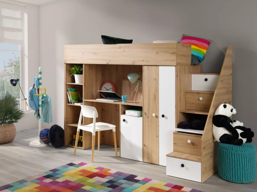 Bērnu gulta Smart 14 ar stelāžu Guļamvietas platums: 90 cm, Guļamvietas garums: 200 cm, · 120 × 247 × 165 cm