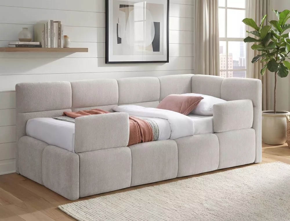 Gulta Emma Raven 90x200 ar stelāžām Guļamvietas platums: 90 cm, Guļamvietas garums: 200 cm, · Gaiši bēšs · 109 × 220 × 8