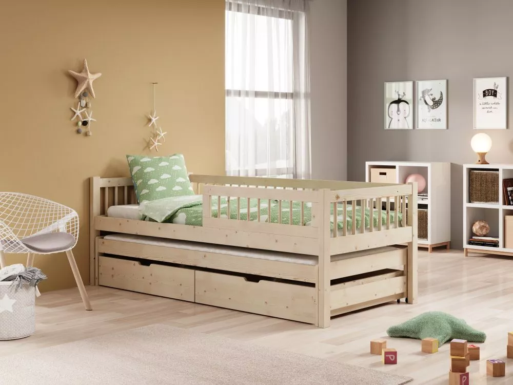 Bērnu gulta Orio ar stelāžu Guļamvietas platums: 90 cm, Guļamvietas garums: 200 cm, · Priede · 97 × 206 × 76 cm