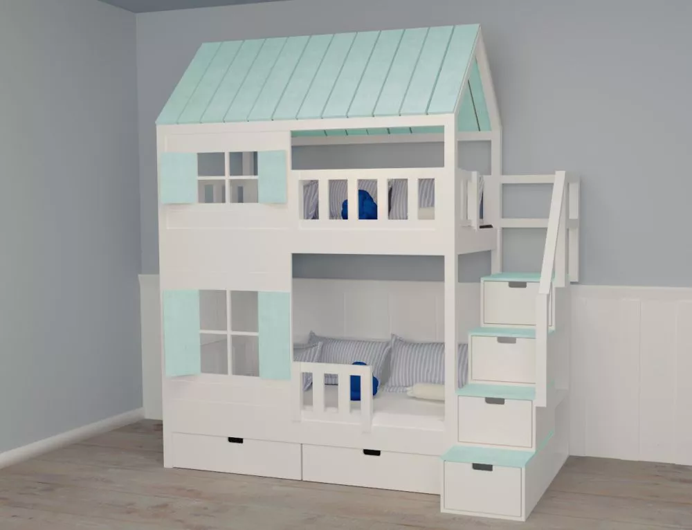 Bērnu gulta 101P ar stelāžām Kāpņu puse: Pa labi, Guļamvietas platums: 90 cm, Guļamvietas garums: 200 cm, · 118 × 252 × 