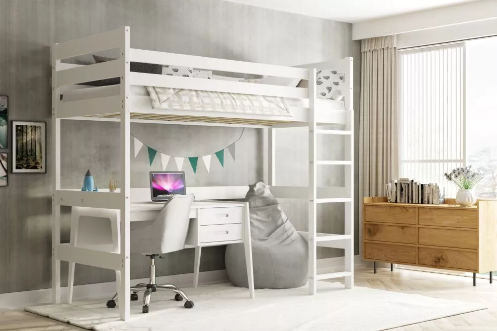 Bērnu gulta Antresola Basic 90x200 ar stelāžām Guļamvietas platums: 90 cm, Guļamvietas garums: 200 cm, · Balts · 97 × 20