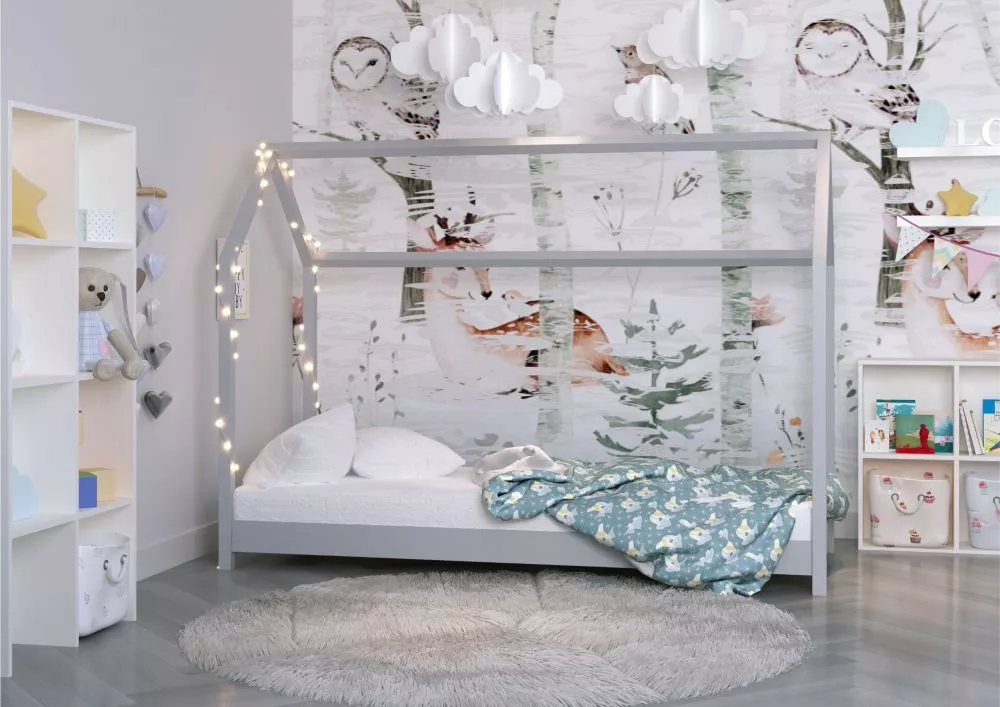 Bērnu gulta Domek Bella ar stelāžu Guļamvietas platums: 80 cm, Guļamvietas garums: 180 cm, · Pelēks · 88.5 × 188 × 149 c