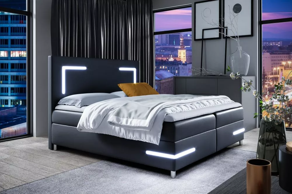 Gulta Delos Boxspring Standard ar LED Guļamvietas platums: 120 cm, Guļamvietas garums: 200 cm, · Melns · 120 × 211 × 120