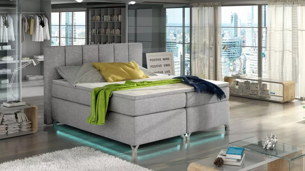 Gulta Basilio Boxspring ar LED standard Guļamvietas platums: 180 cm, Guļamvietas garums: 200 cm, · Gaiši pelēks · 195 × 