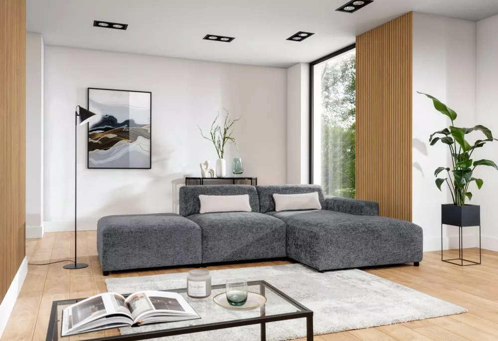 Dīvāns Roma Corner Standard ar pufu · Zili pelēks · 165 × 304 × 75 cm