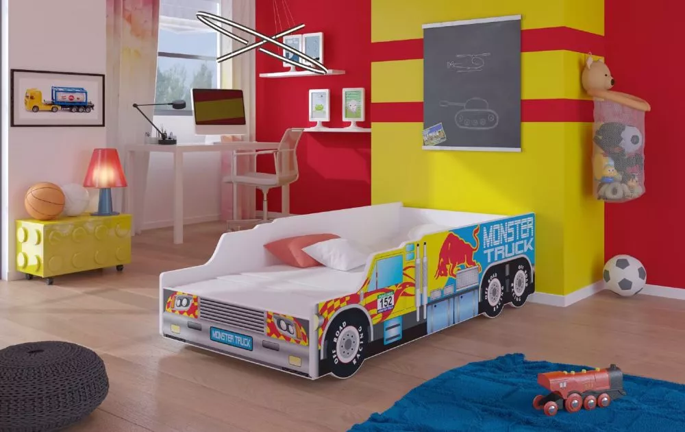 Bērnu gulta Riko Monster Truck ar stelāžu Guļamvietas platums: 70 cm, Guļamvietas garums: 140 cm, · Daudzkrāsains · 74 ×