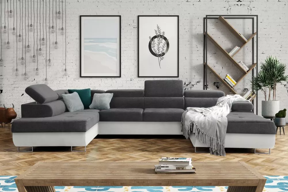 Dīvāns Annabelle U 2 Eco Standard · Tumši pelēks + balts · 201 × 343 × 76 cm