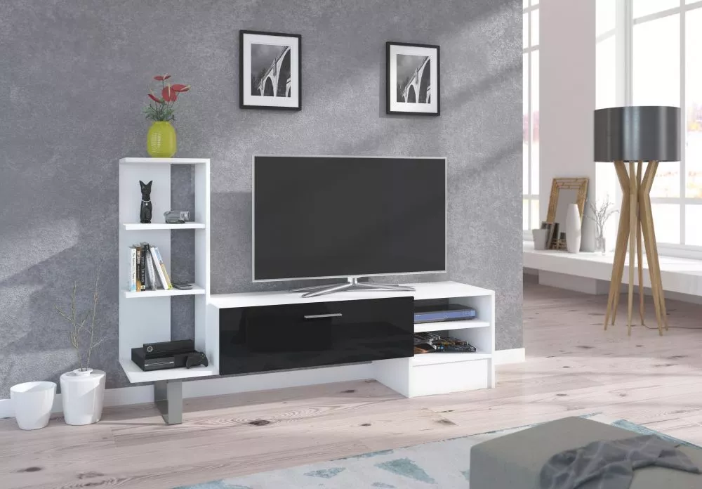 TV tumba York Classic · Balts + melns spīdums · 151.6 × 35 × 97 cm