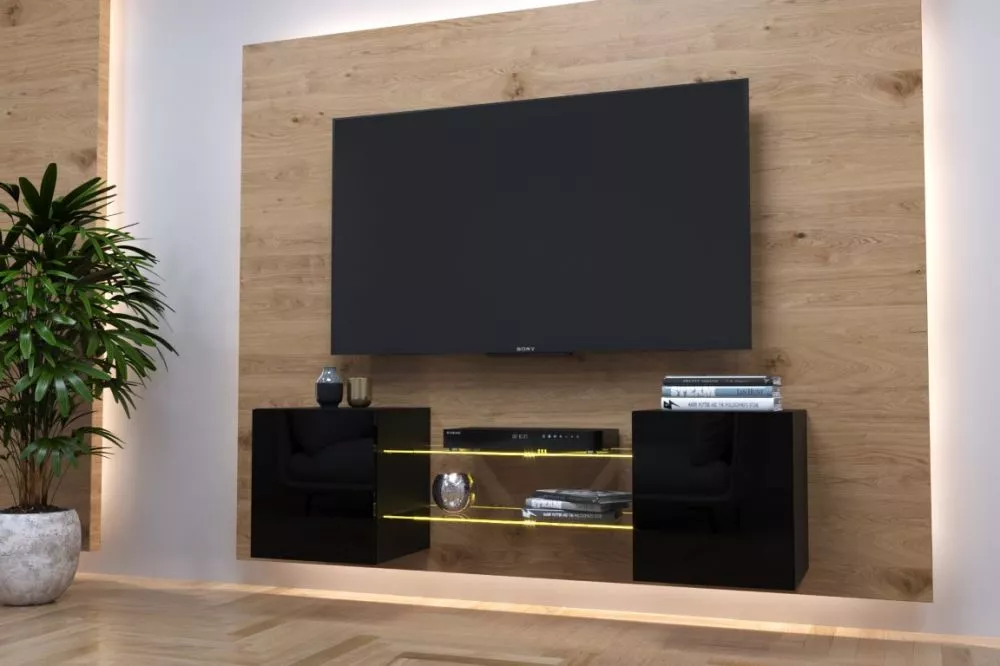 TV tumba Exclusive 5 gloss ar LED · Melna · 142 × 35 × 40 cm