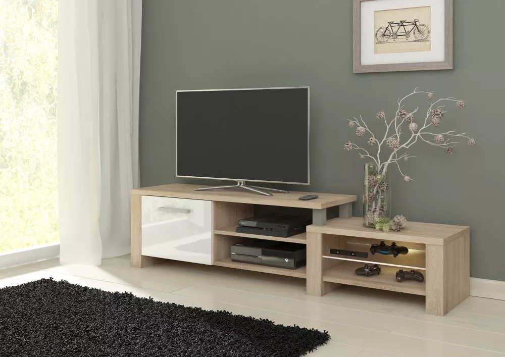 TV tumba Orion Meblo · Sonoma + balts spīdums · 160 × 37 × 41 cm