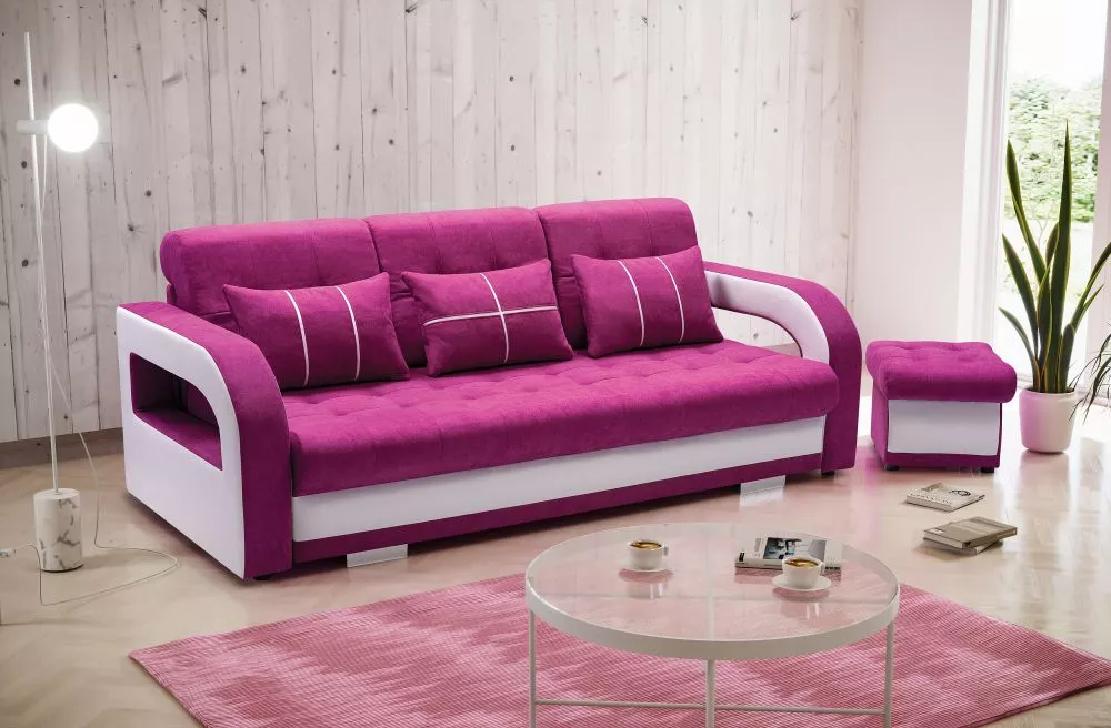 Dīvāns Nina 3S+P Standard · Rozā + balts · 110 × 235 × 95 cm