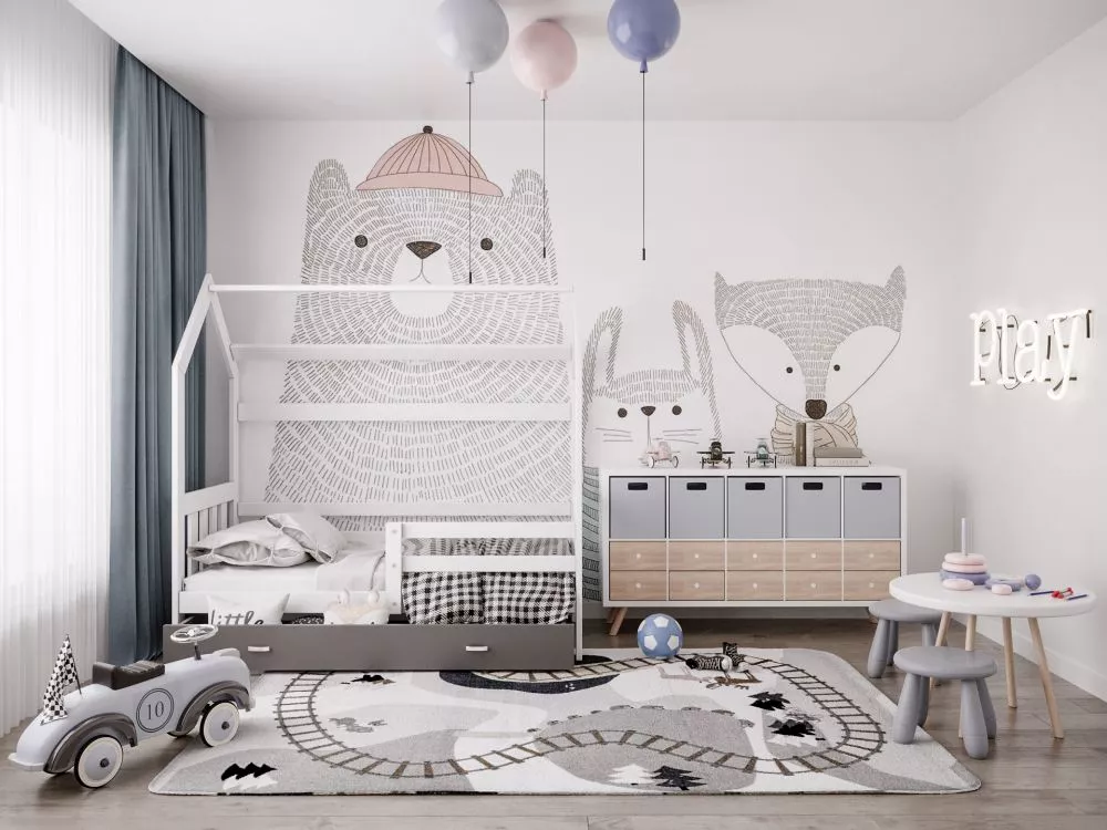 Bērnu gulta Domek 80x160 2 ar stelāžu Guļamvietas platums: 80 cm, Guļamvietas garums: 160 cm, · 84 × 164 × 180 cm