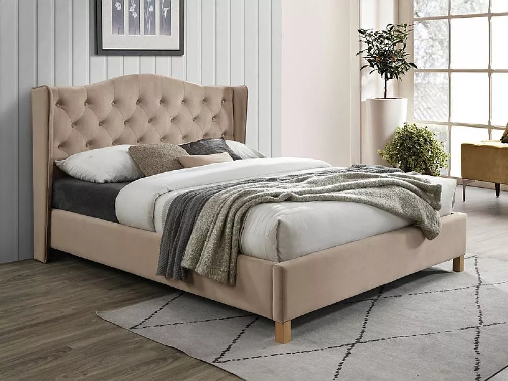 Gulta Aspen Velvet ar stelāžu Guļamvietas platums: 160 cm, Guļamvietas garums: 200 cm, · Bēšs · 178 × 216 × 124 cm