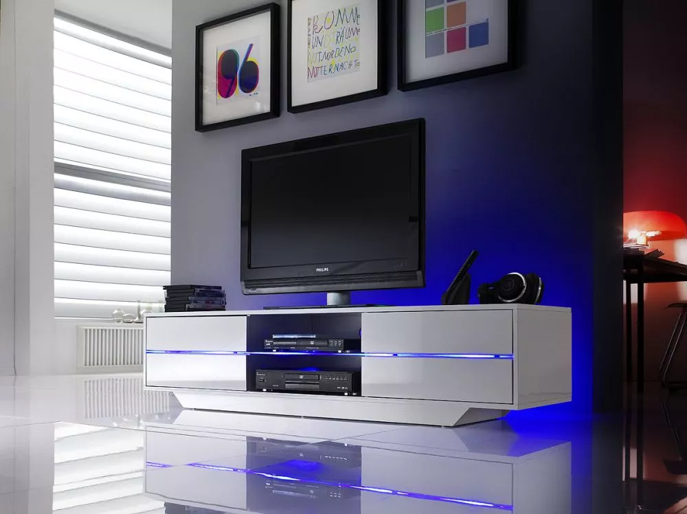 TV tumba RTV Blues ar LED · Balts · 160 × 40 × 36 cm