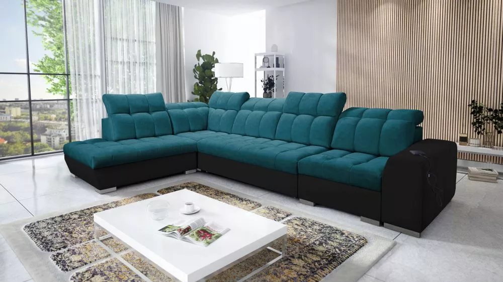 Dīvāns Pagano 11 Premium Standard · Tirkīzs + melns · 225 × 360 × 83 cm
