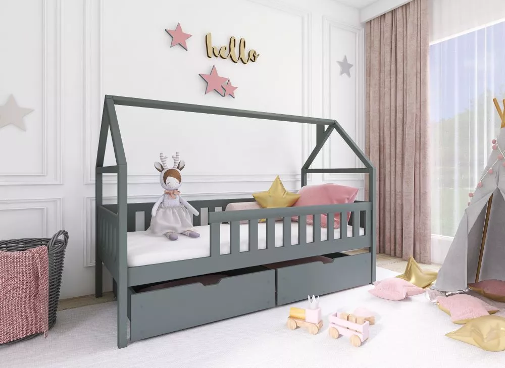 Bērnu gulta Domi Lux ar stelāžu Guļamvietas platums: 80 cm, Guļamvietas garums: 200 cm, · Grafīts · 87 × 208 × 169 cm