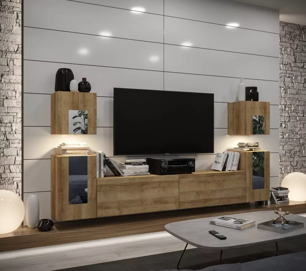 Sekcija New Concept C82 ar LED · Zelta ozols · 256 × 35 × 120 cm