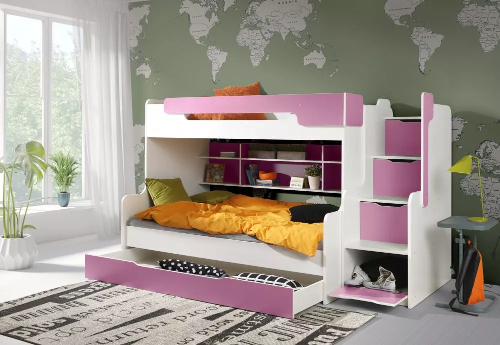 Bērnu gulta Harry Premium ar stelāžām Guļamvietas platums: 90 cm, Guļamvietas garums: 200 cm, · 129 × 260 × 155 cm