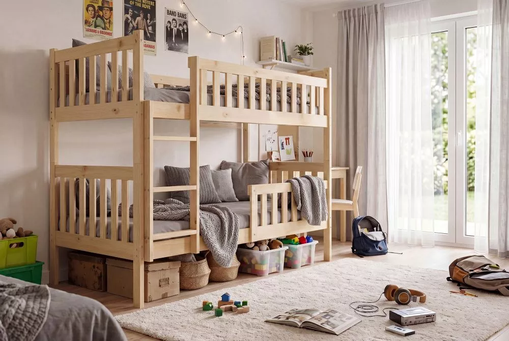 Bērnu gulta Kubus Double Basic ar stelāžām Guļamvietas platums: 90 cm, Guļamvietas garums: 200 cm, · Priede · 97 × 206 ×