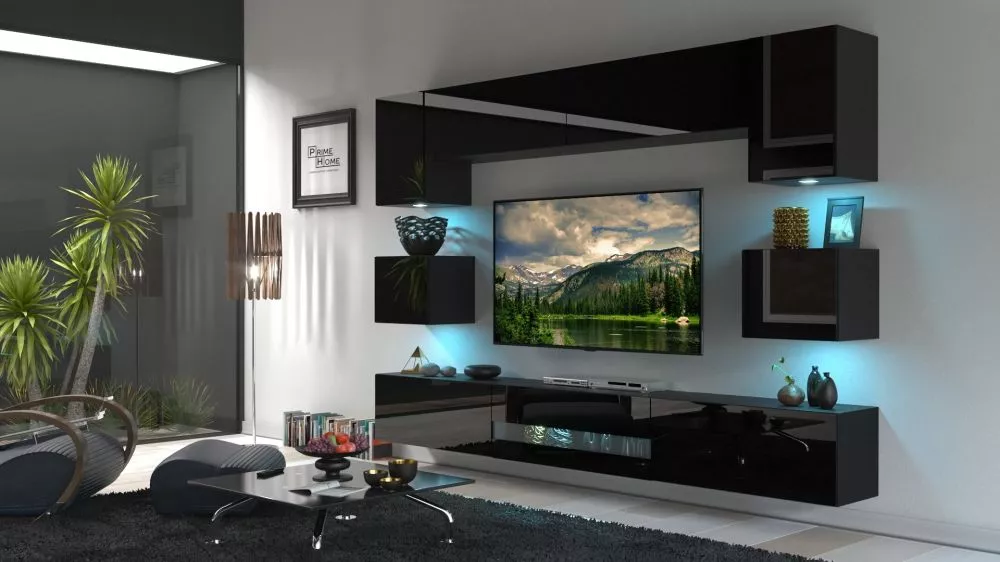 Sekcija Next Besta Dan 1 gloss ar LED · Melna · 257 × 35 × 207 cm