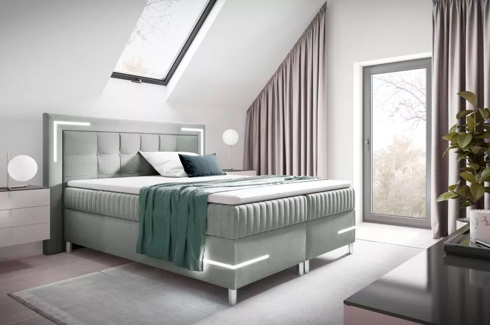 Gulta Tango 2 Boxspring Standard ar LED Guļamvietas platums: 160 cm, Guļamvietas garums: 200 cm, · Gaiši pelēks · 192 × 