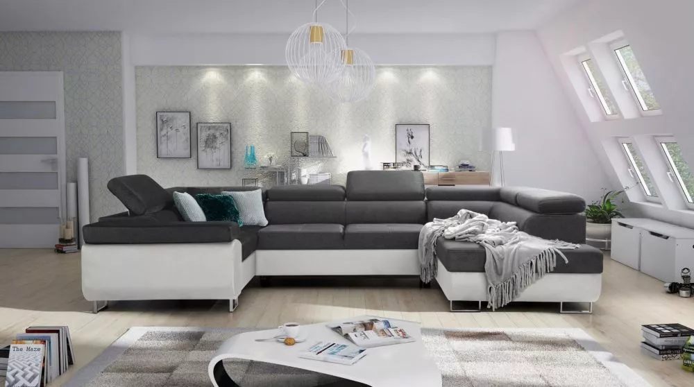Dīvāns Annabelle U Eco Standard · Tumši pelēks + balts · 203 × 340 × 76 cm