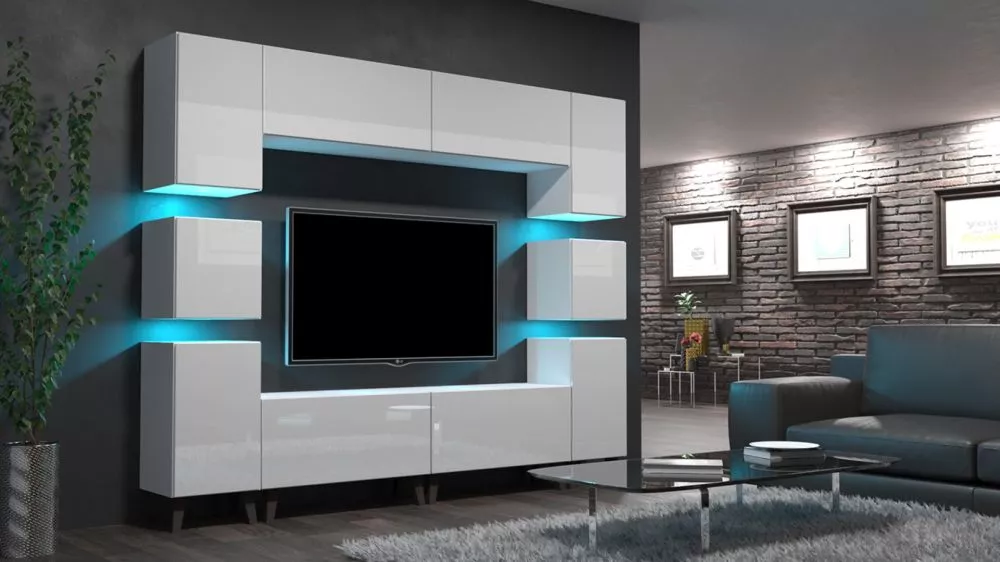 Sekcija Next 35 gloss ar LED · Balts · 240 × 35 × 205 cm