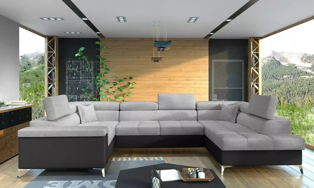 Dīvāns Thiago Lux Standard · Gaiši pelēks + melns · 202 × 338 × 90 cm