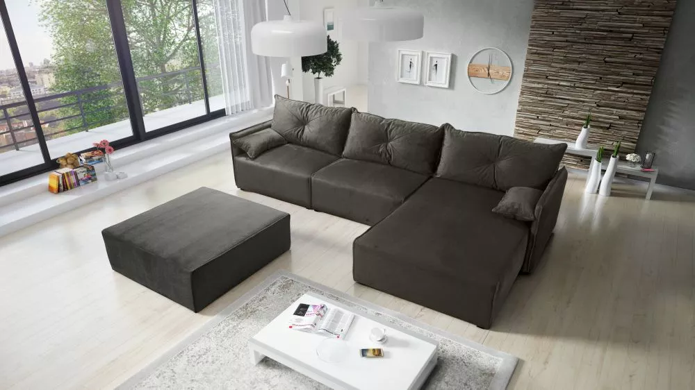Dīvāns Leon 2 Standard ar pufu · Tumši pelēks · 179 × 318 × 85 cm