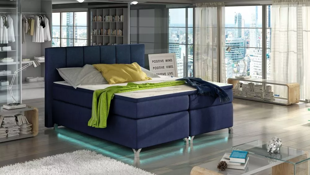 Gulta Basilio Boxspring Lux ar LED standard Guļamvietas platums: 160 cm, Guļamvietas garums: 200 cm, · Zils · 175 × 205 