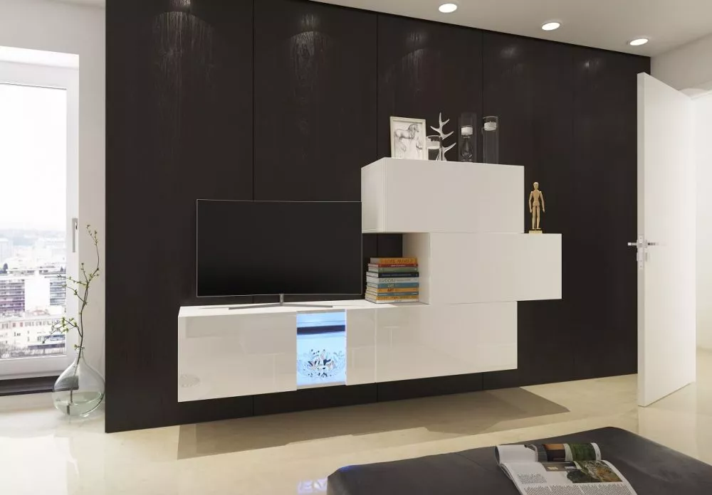 Sekcija Next 85 ar LED · Balts · 214 × 35 × 141 cm