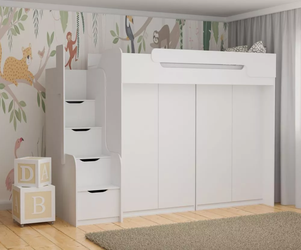 Bērnu gulta Dorian 4 90x200 ar stelāžu Guļamvietas platums: 90 cm, Guļamvietas garums: 200 cm, · 104 × 260 × 187 cm