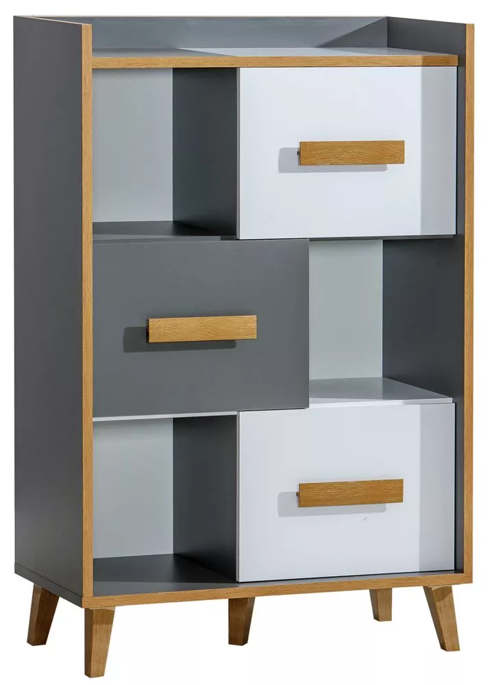 Kumode Werso W5 · Antracīts + ozols riviera + balts · 90 × 42 × 135.4 cm