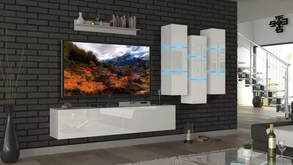 Sekcija Next 45 gloss ar LED · Balts · 303 × 35 × 190 cm