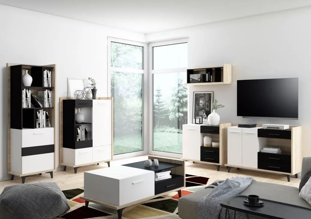 Sekcija Box Z4 Korpusa krāsa: ozols sonoma, Elementu krāsa: melns + balts,