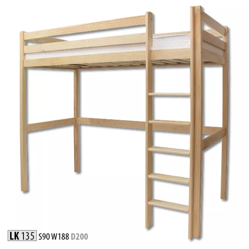 Bērnu gulta LK 135 ar stelāžu Kājiņu izmērs: 6x6 cm, Kāpņu puse: Pa labi, Guļamvietas platums: 90 cm, Guļamvietas garums