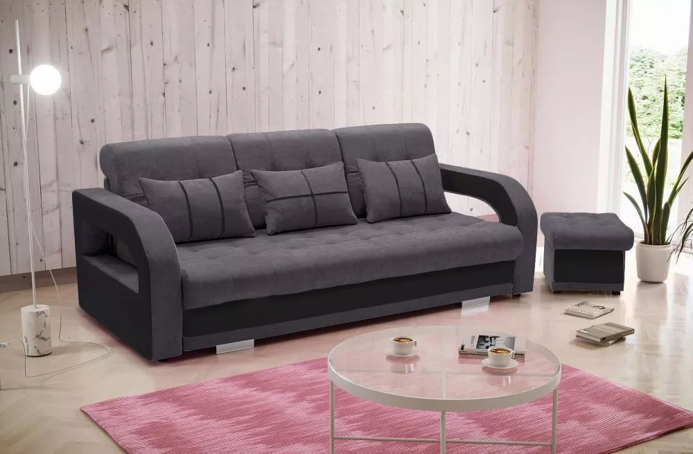 Dīvāns Nina 3S+P Standard · Tumši pelēks + melns · 110 × 235 × 95 cm