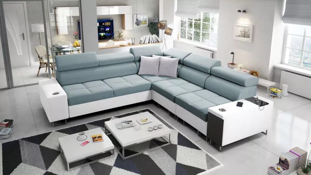 Dīvāns Morena 3 Premium Standard · Gaiši zils + balts · 283 × 284 × 84 cm