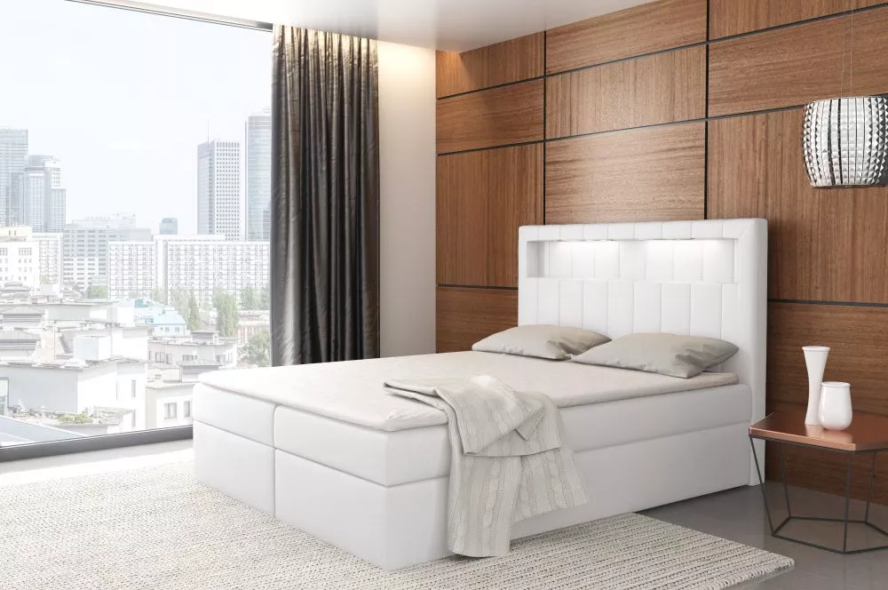 Gulta Aspen Boxspring Standard ar LED Guļamvietas platums: 140 cm, Guļamvietas garums: 200 cm, · Balts · 142 × 217 × 123
