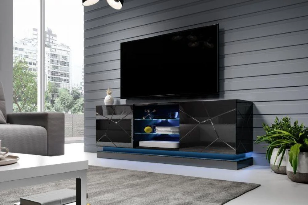 TV tumba Qiu ar LED · Melns · 160 × 40 × 57 cm