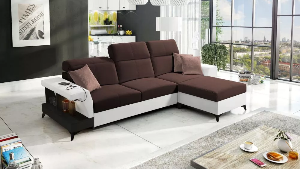 Dīvāns Belutti 1 Satin Black Standard ar LED · Tumši brūns + balts · 180 × 292 × 84 cm