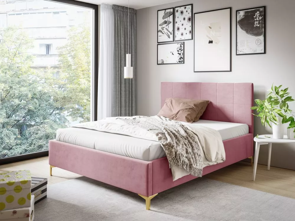 Gulta PK36 ar stelāžu Guļamvietas platums: 140 cm, Guļamvietas garums: 200 cm, stelāžas tips: metāla, · Rozā · 158 × 222