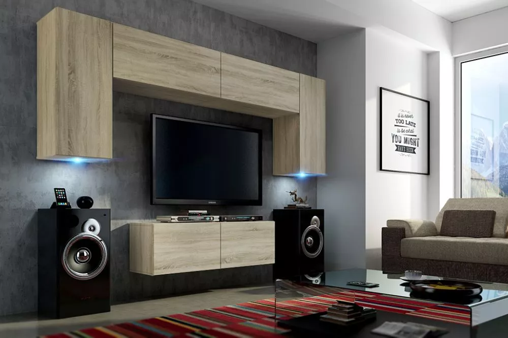 Sekcija Concept 2 ar LED · Ozols sonoma · 256 × 35 × 175 cm