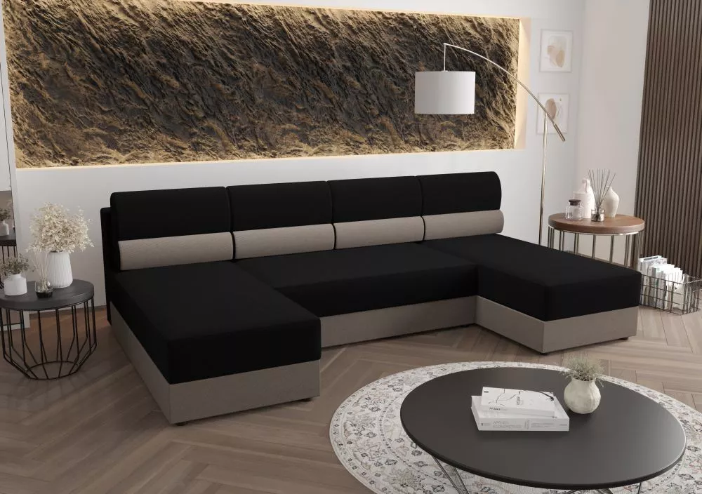 Dīvāns Rebi U1 Standard · Melns + pelēks · 140 × 271 × 88 cm