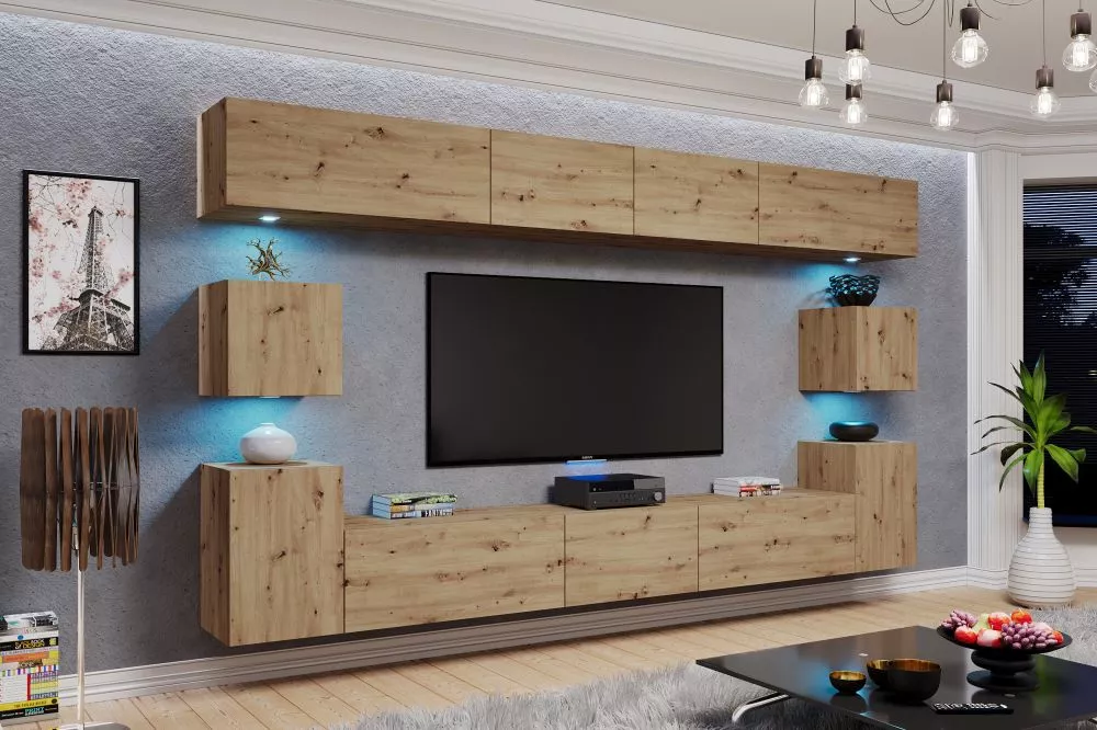 Sekcija Kordoba ar LED · Ozols artisan · 242 × 35 × 210 cm