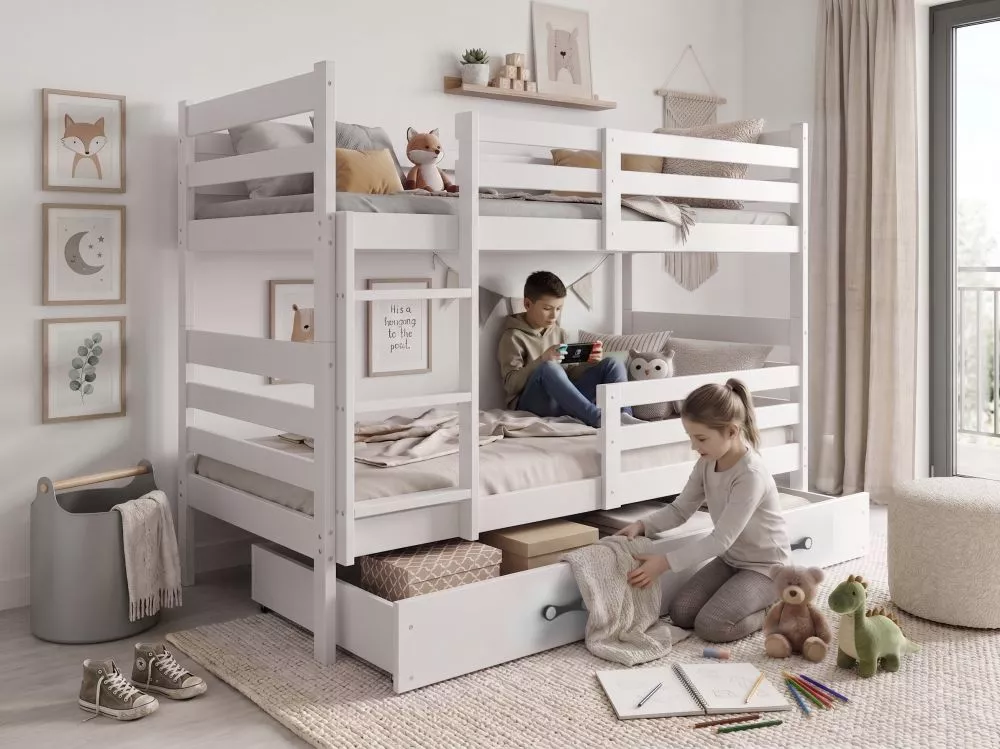 Bērnu gulta Eryk Pine S ar stelāžām Guļamvietas platums: 90 cm, Guļamvietas garums: 200 cm, · Balts · 97 × 205 × 154 cm