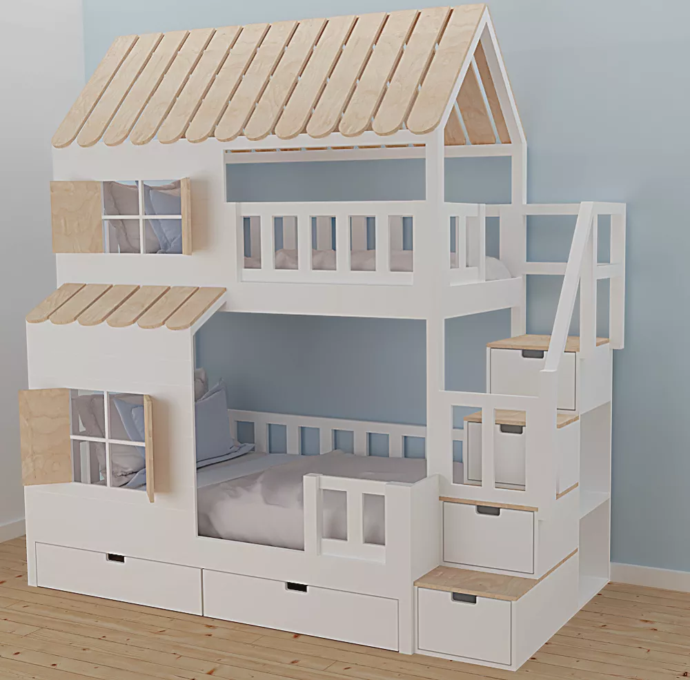 Bērnu gulta 107P ar stelāžām Kāpņu puse: Pa labi, Guļamvietas platums: 90 cm, Guļamvietas garums: 200 cm, · 127 × 252 × 