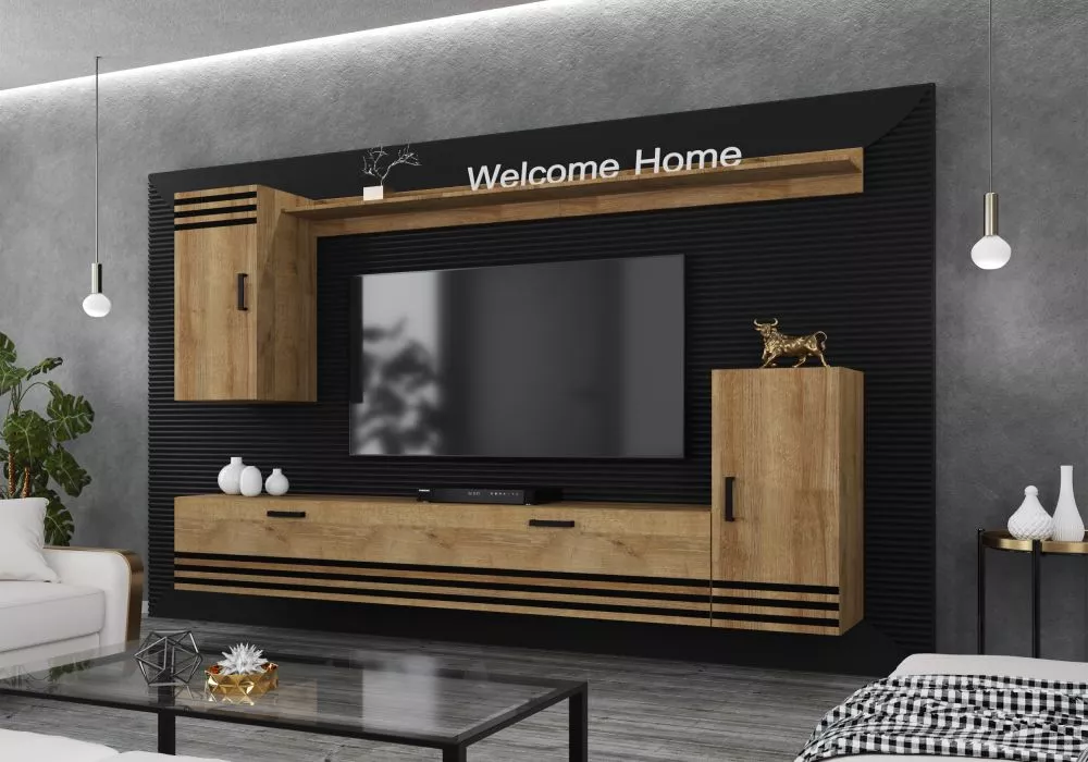 Sekcija Salto 2 ar LED · Zelts ozols · 237 × 35 × 183 cm