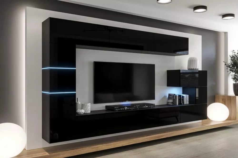 Sekcija Next AN89 gloss ar LED · Melns · 332 × 35 × 184 cm